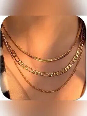 14K Gold Plated 3pc Chain Herringbone Necklace Set